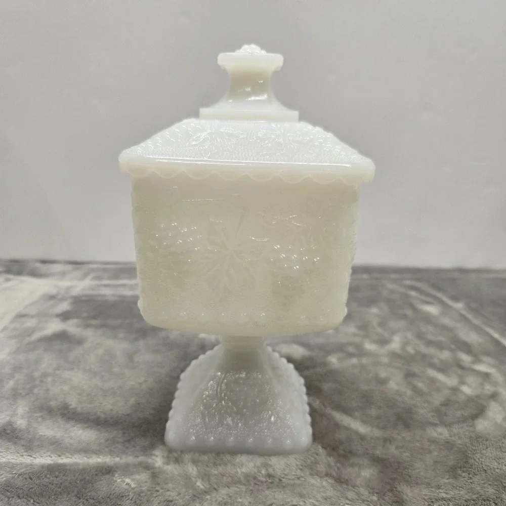 Westmoreland Milk Glass Paneled Grape Square Candy Dish w/Lid Vintage Pedestal